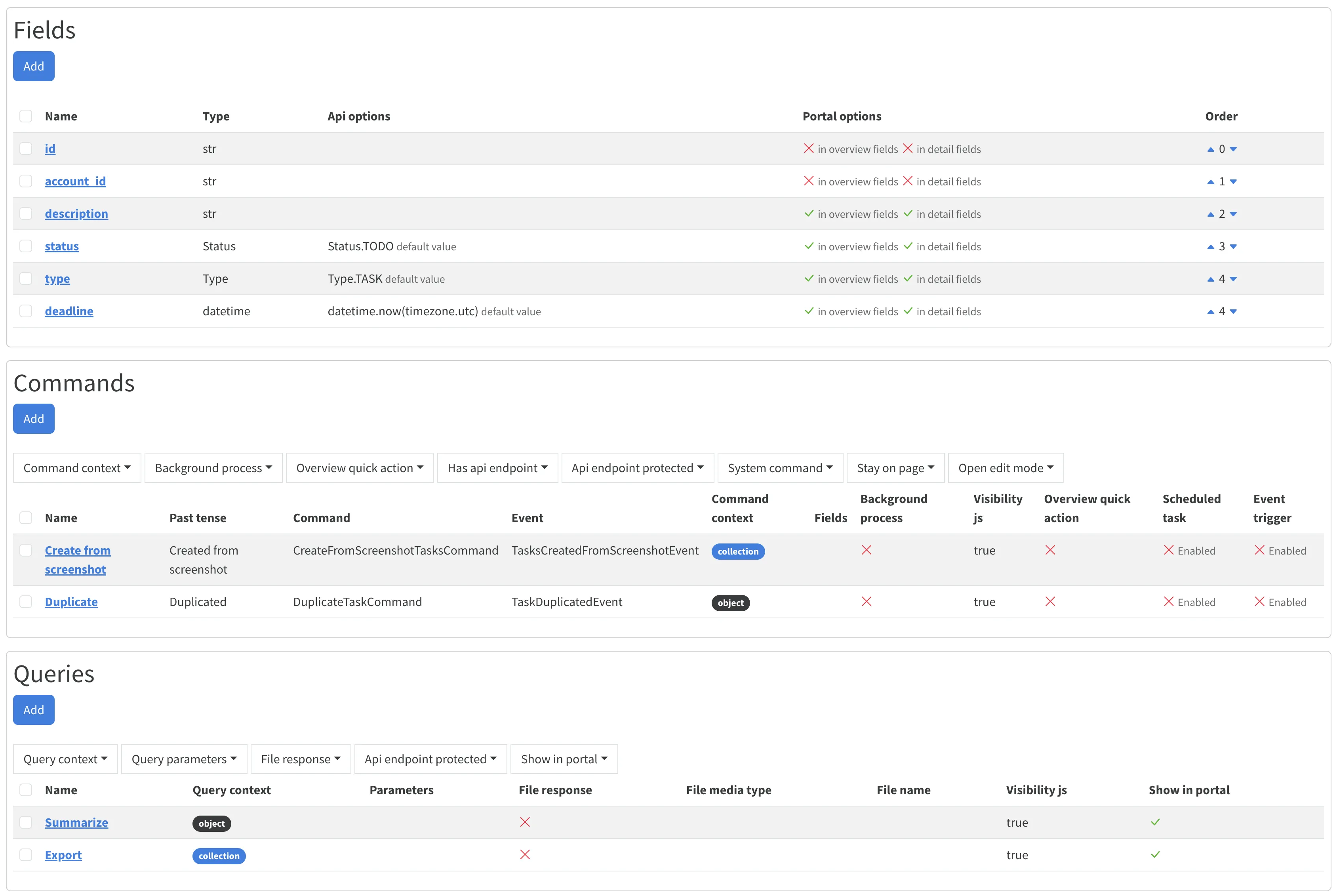 Fractal Studio entity editor showing fields, commands, and queries