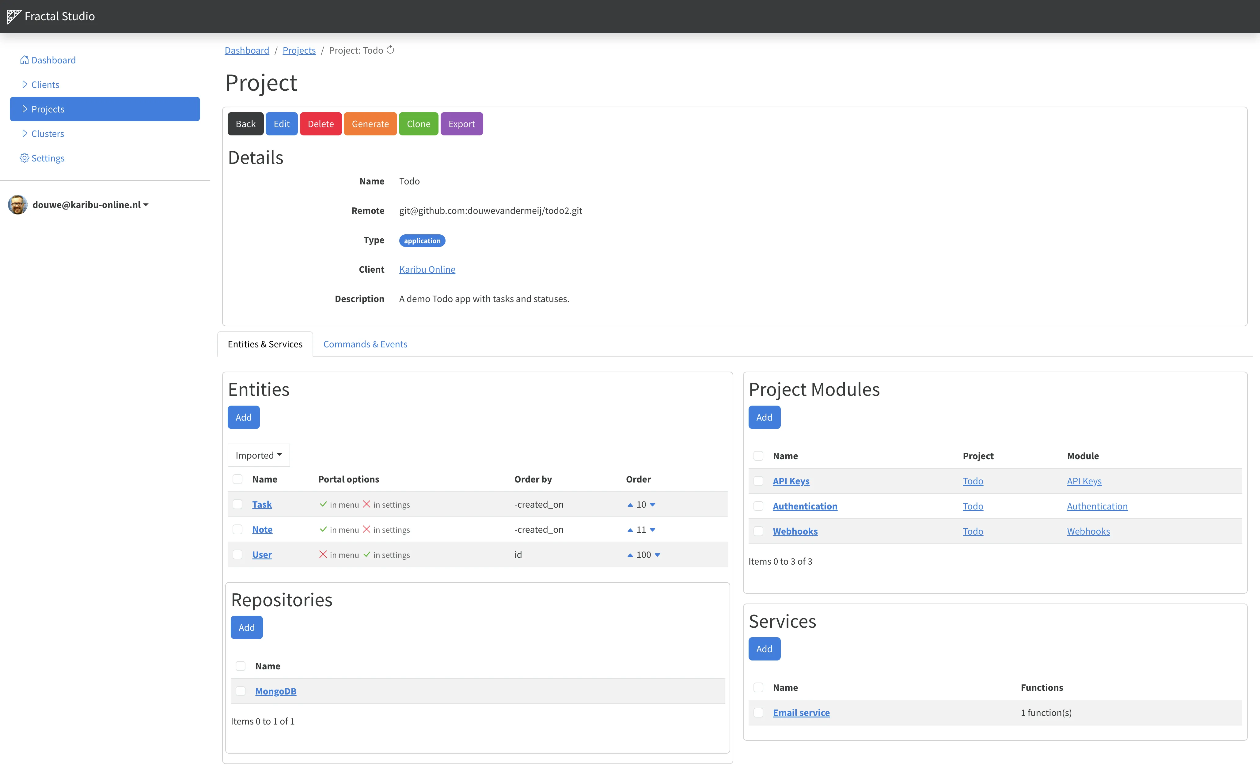 Fractal Studio project dashboard showing entities, modules, and services