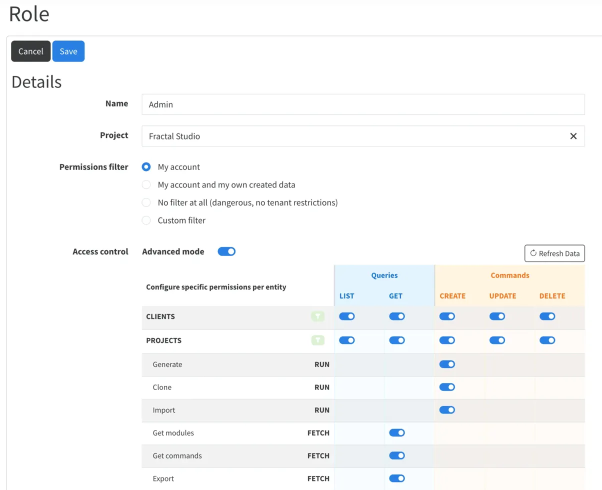 Fractal Studio RBAC editor showing role permissions matrix